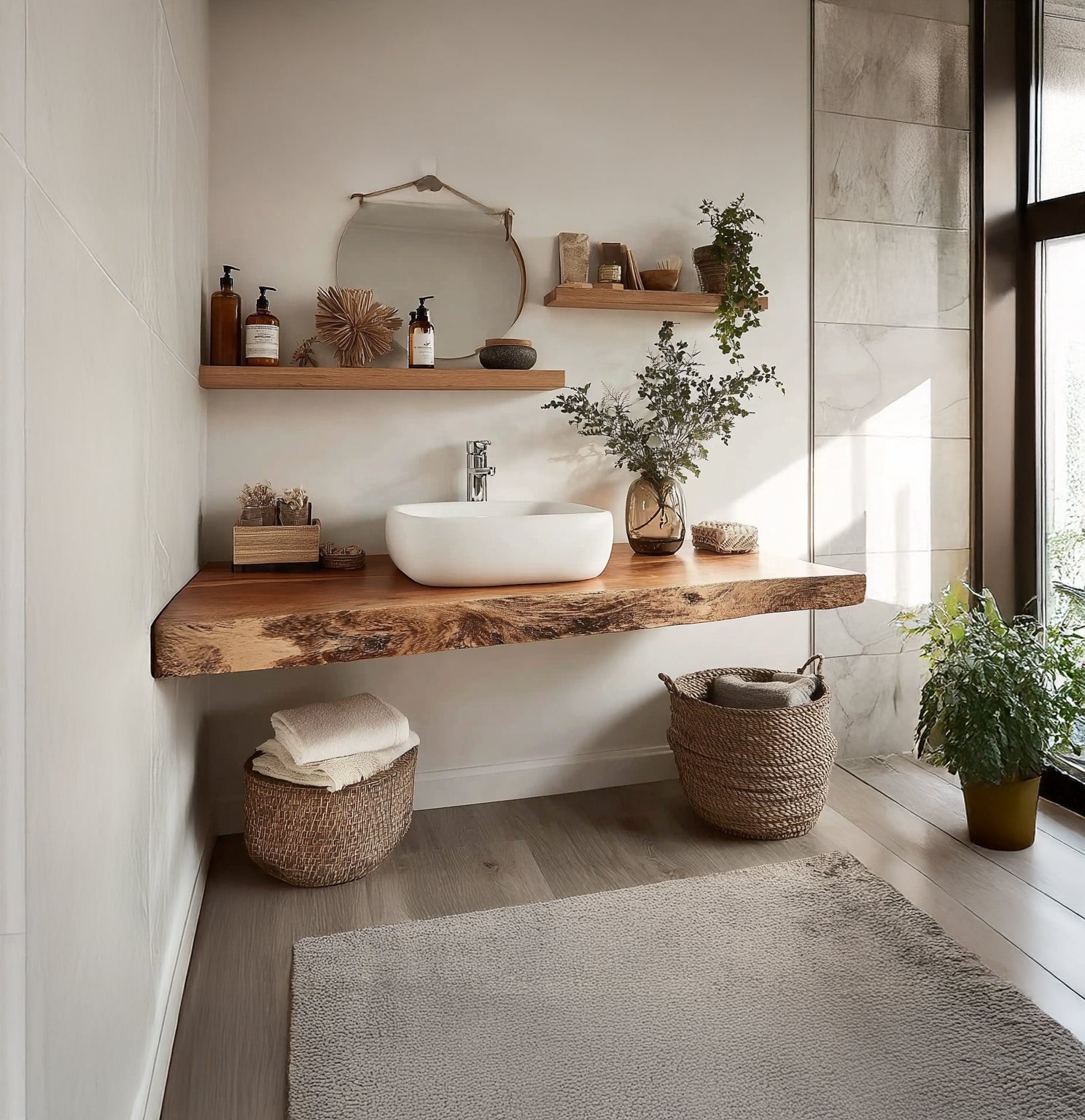 Modern bathroom with live edge wooden floating vanity, white vessel sink, round mirror, and wicker baskets