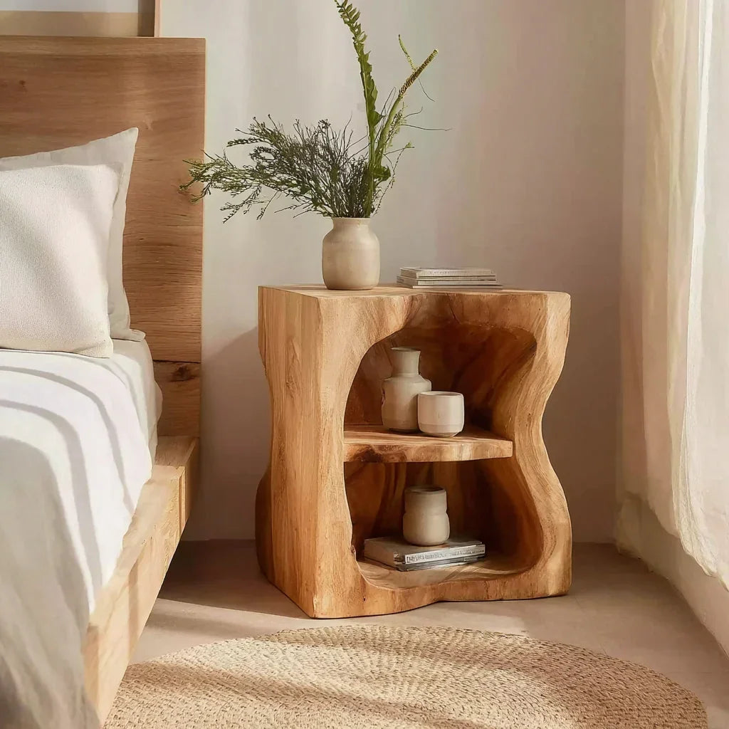 Solid wood live edge nightstand with open shelves, decor vases, and natural light