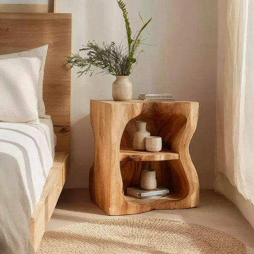 Ashdeco Solid Wood Nightstand – Rustic Sculptural Side Table for Bedroom