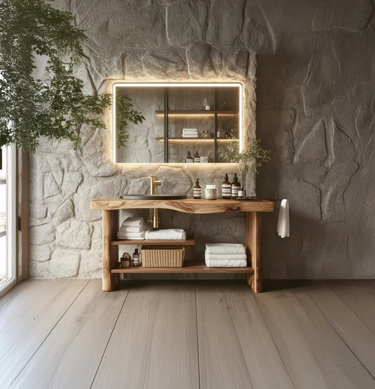 Live edge solid wood vanity with vessel sink, backlit mirror, stone wall, natural decor