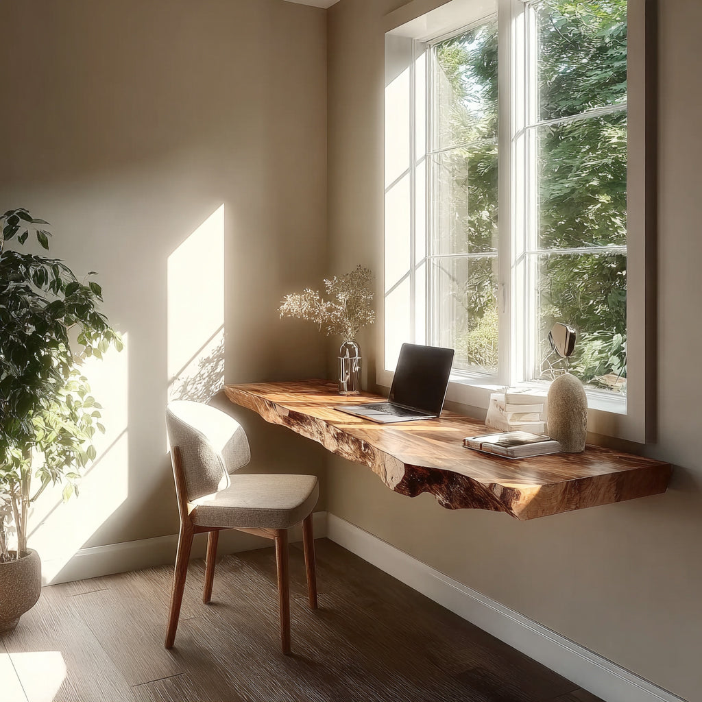 Floating Live Edge Desk – Wall Mounted Solid Wood Desk, Rustic Modern Home Office Table
