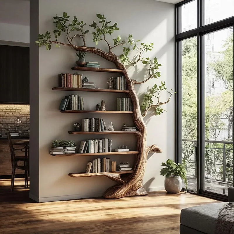 Live edge tree bookshelf with solid wood shelves in modern living room, filled with books and plants