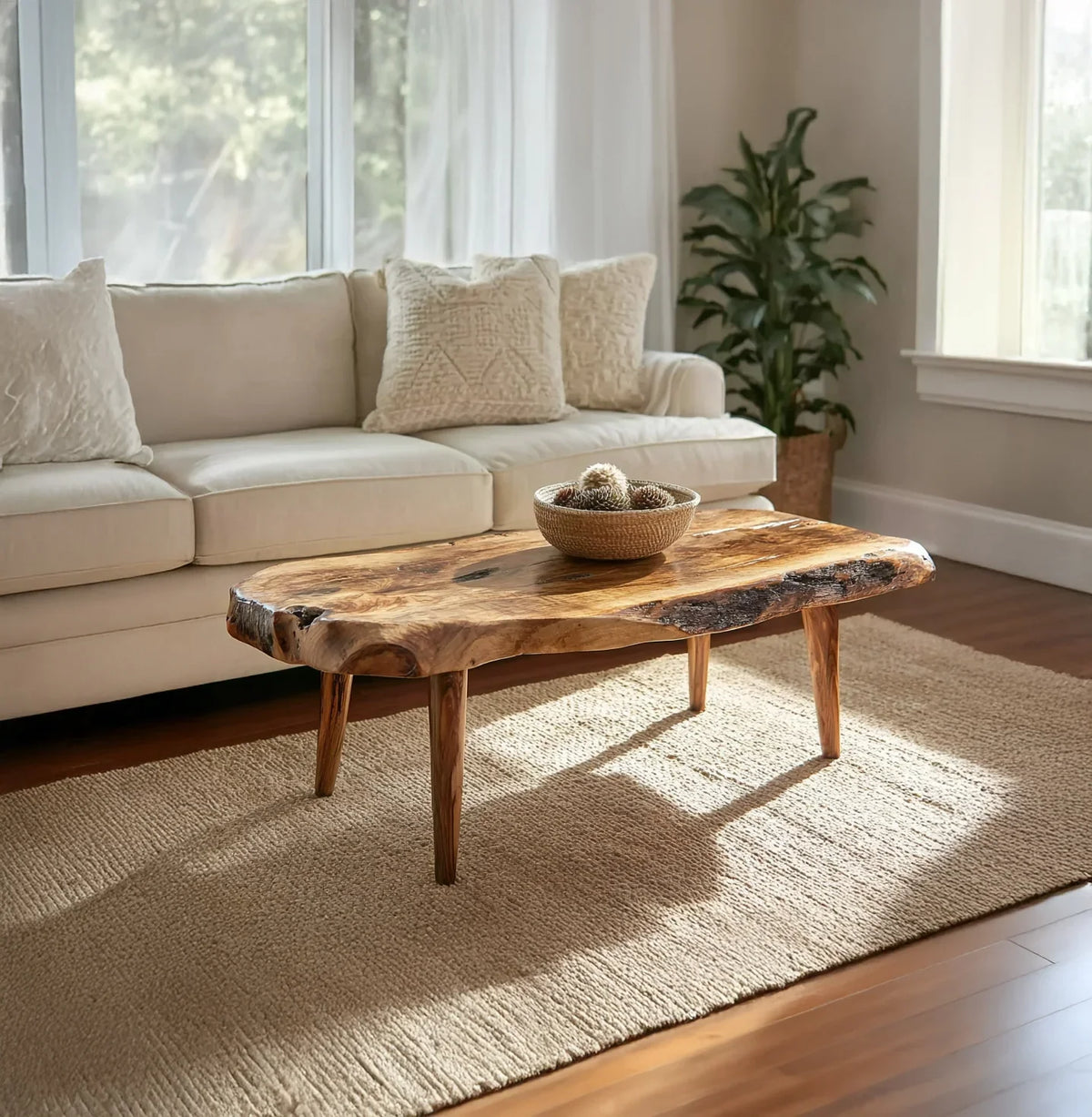 Live edge solid wood coffee table in a bright living room with a beige sofa and houseplant