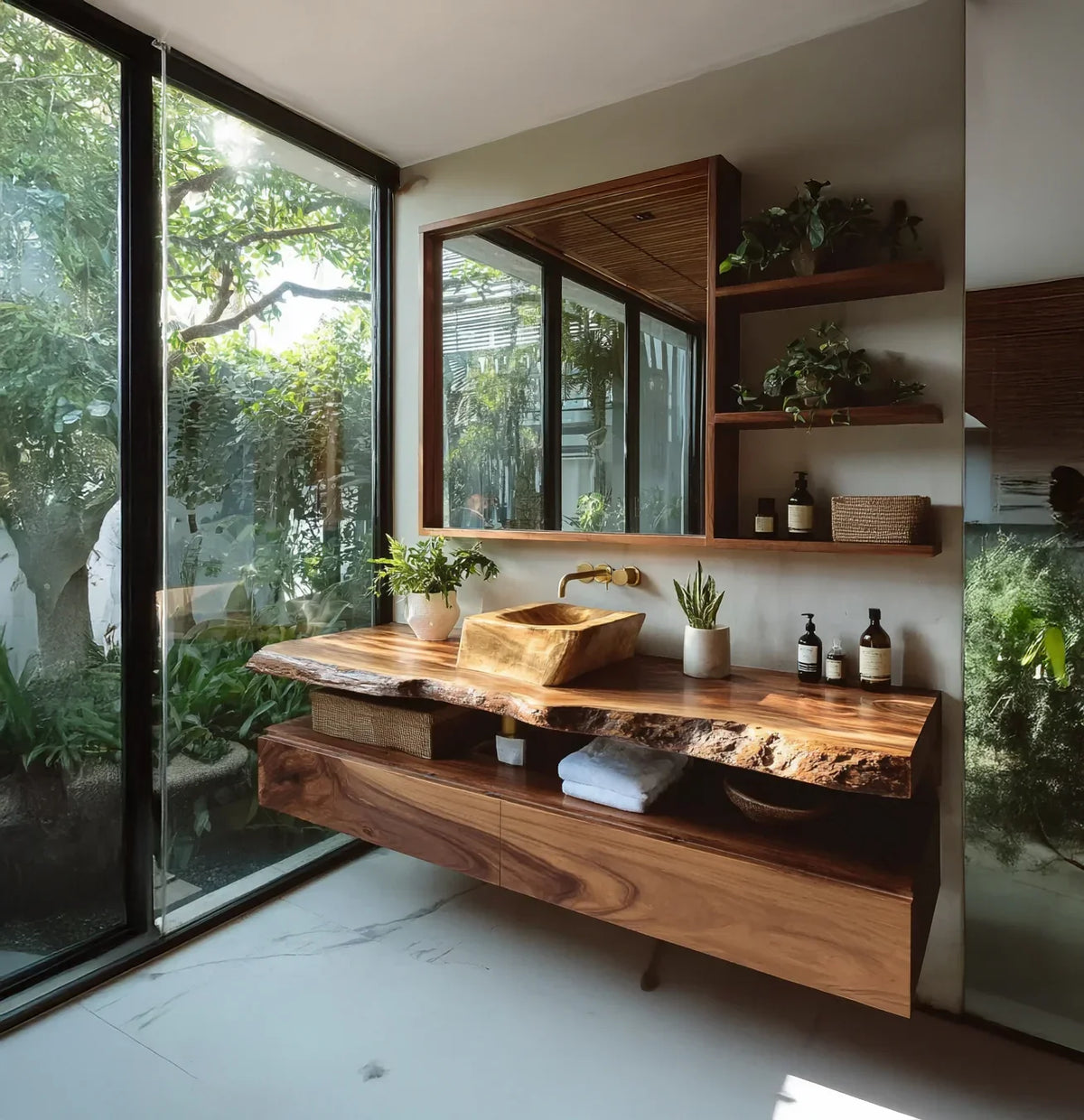 Sustainably crafted live edge wood bathroom vanity with vessel sink and indoor plants