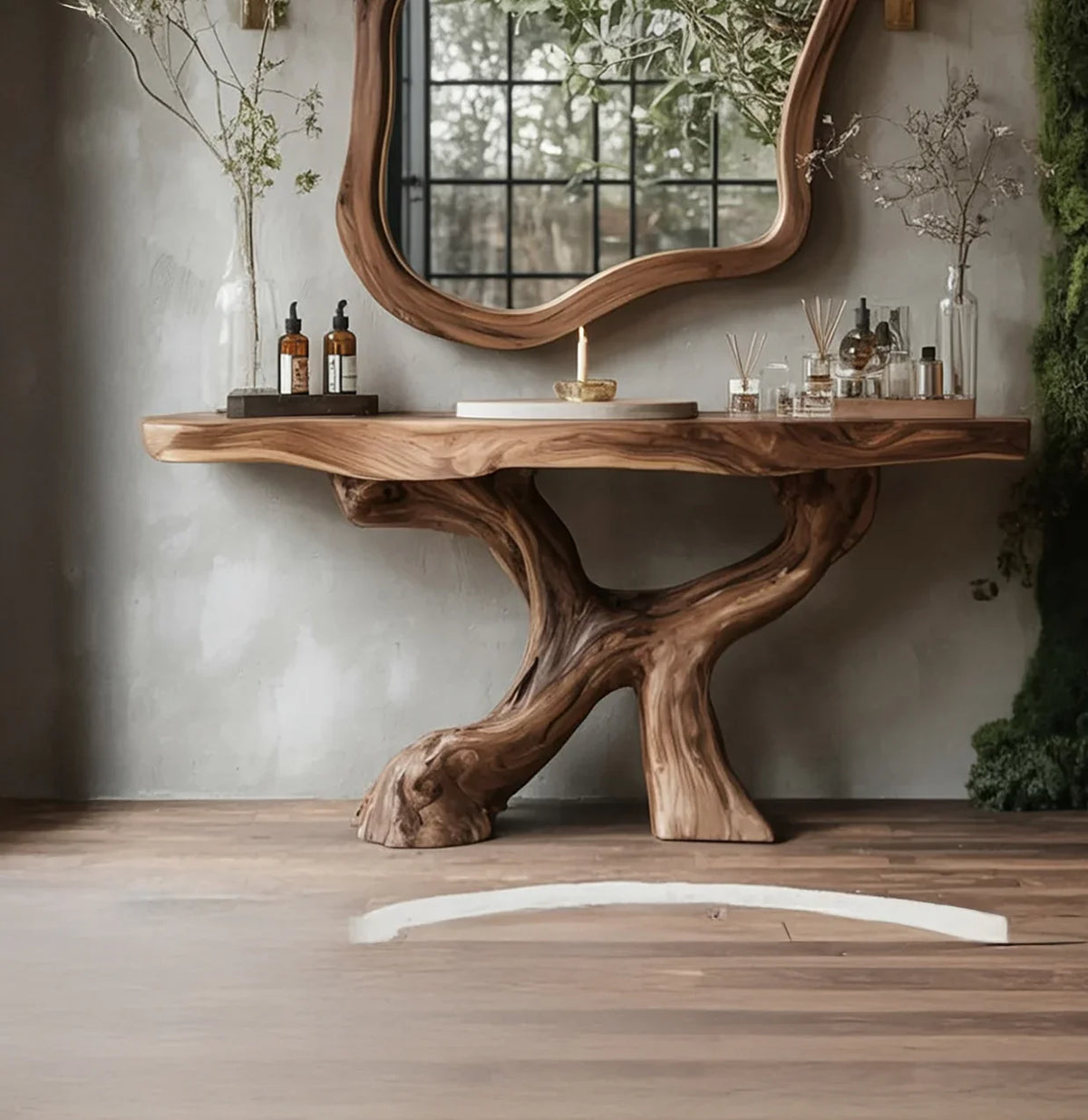 Live edge solid wood console table with natural branch base, modern rustic decor