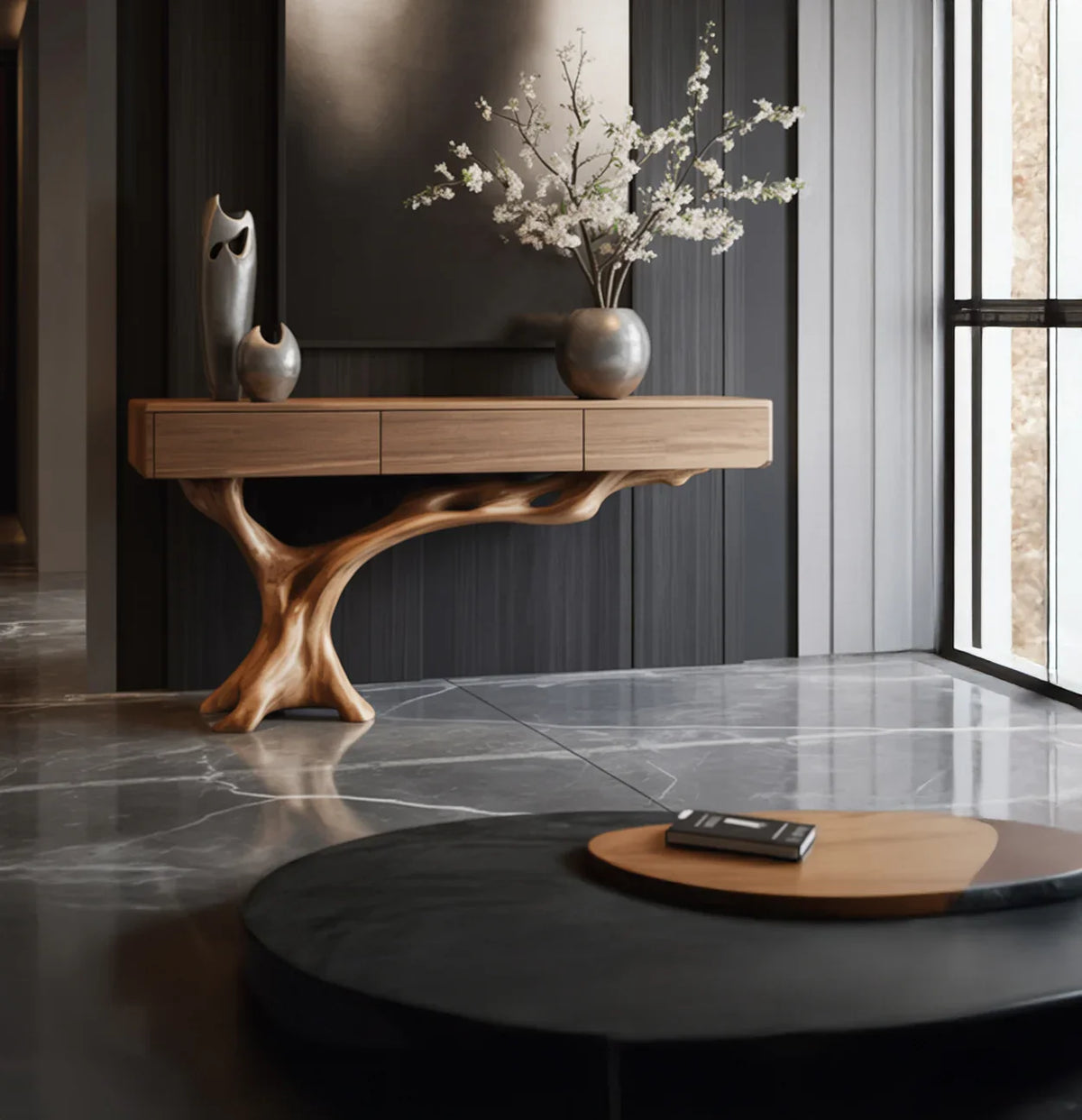 Modern entryway with a live edge wood console table, organic branch base, and floral vase decor.