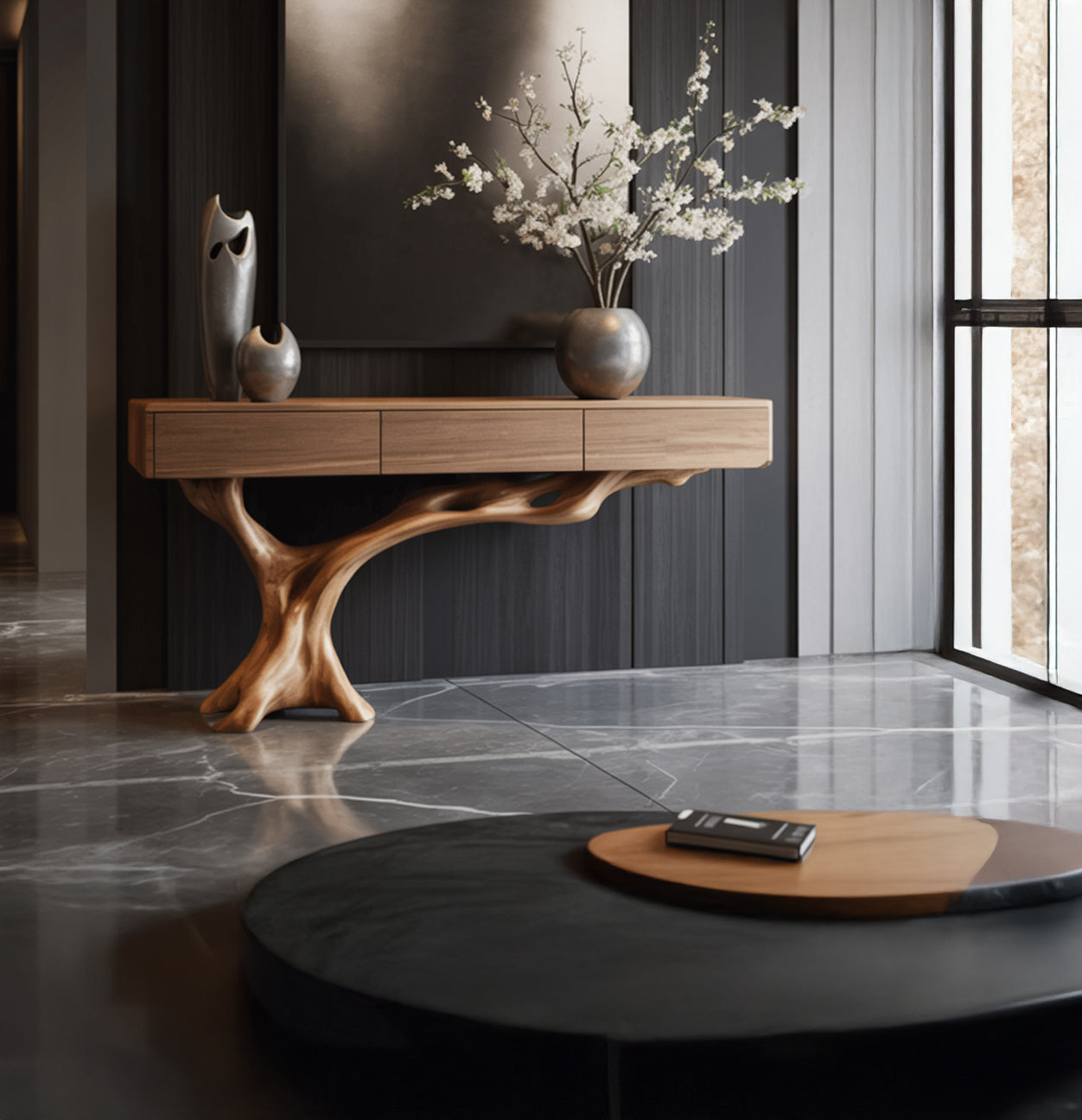 Live Edge Wooden Console Table – Handcrafted Tree Branch Base Entryway Table