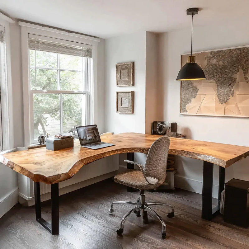 Live edge solid wood L-shaped desk in a modern home office with laptop and swivel chair
