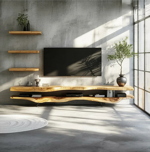 2-Piece Solid Wood TV Stand & Rustic Floating Shelves