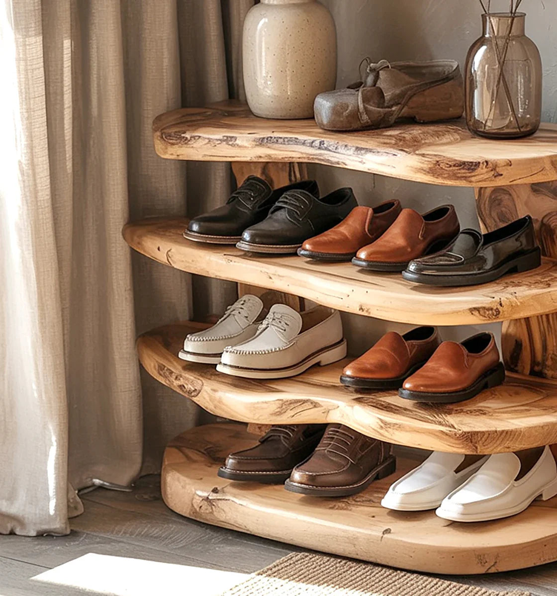 Wooden shoe rack with various men's leather shoes in black, brown, white, and gray tones in a cozy room