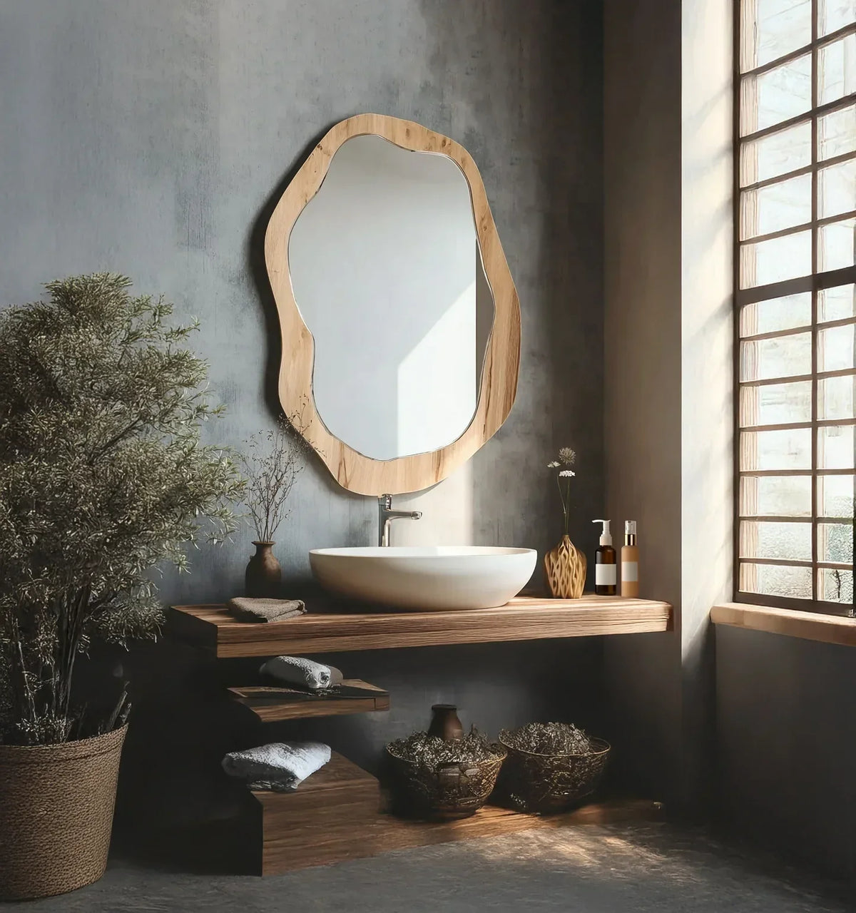 Modern bathroom with live edge wood mirror, floating vanity, vessel sink, and natural decor