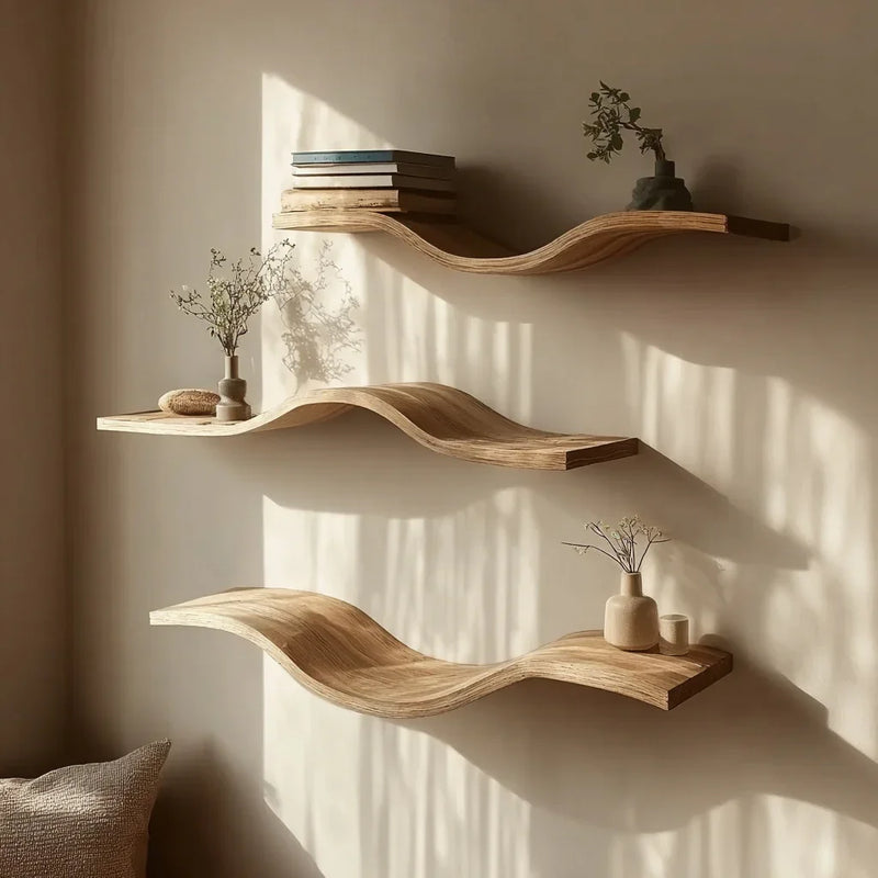 Wavy solid wood floating shelves with minimalist decor on a neutral wall, sunlight streaming in.