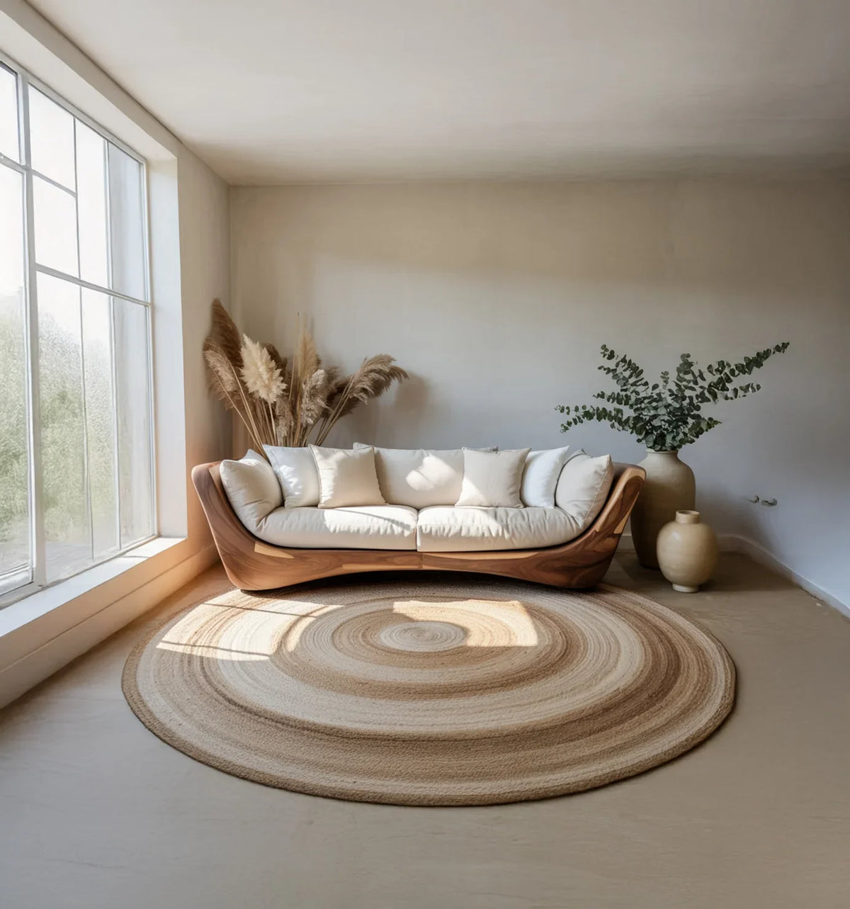 Minimalist living room with modern wooden sofa, white cushions, round woven rug, pampas grass, and large window