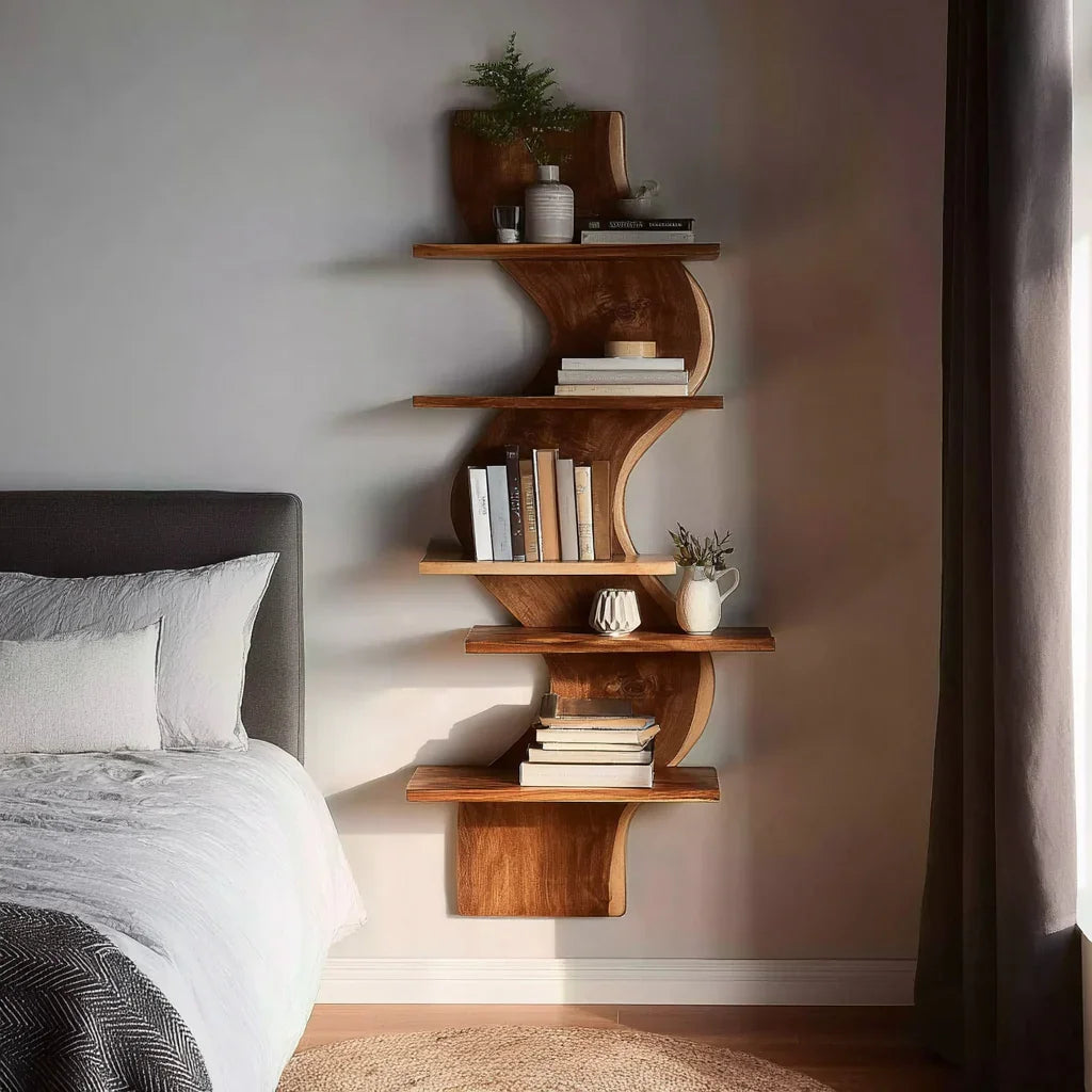 Live edge solid wood tree bookshelf with books and decor in a modern bedroom setting