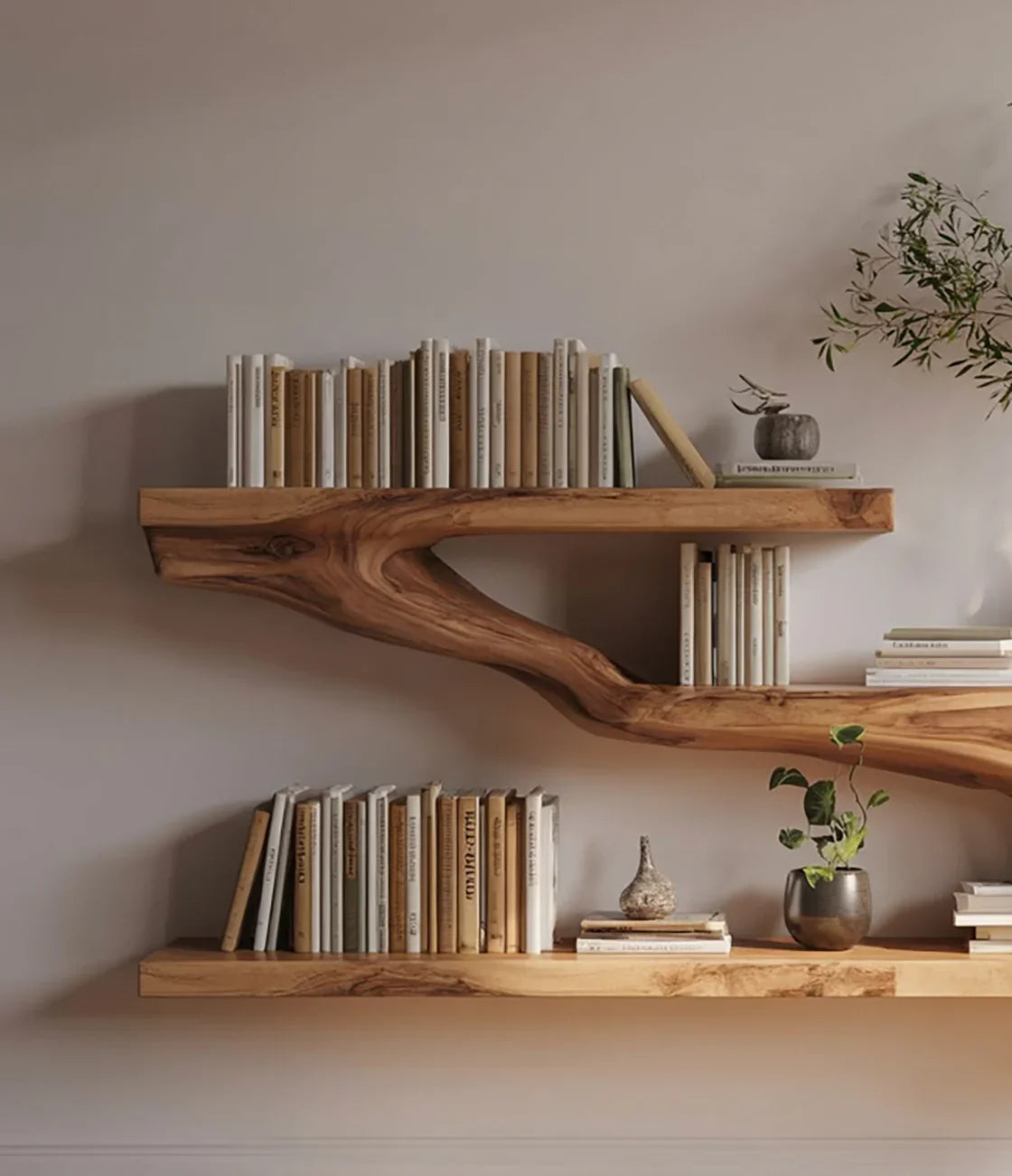 Natural wood floating shelves with neutral-toned books and small decorative plants in minimalist room