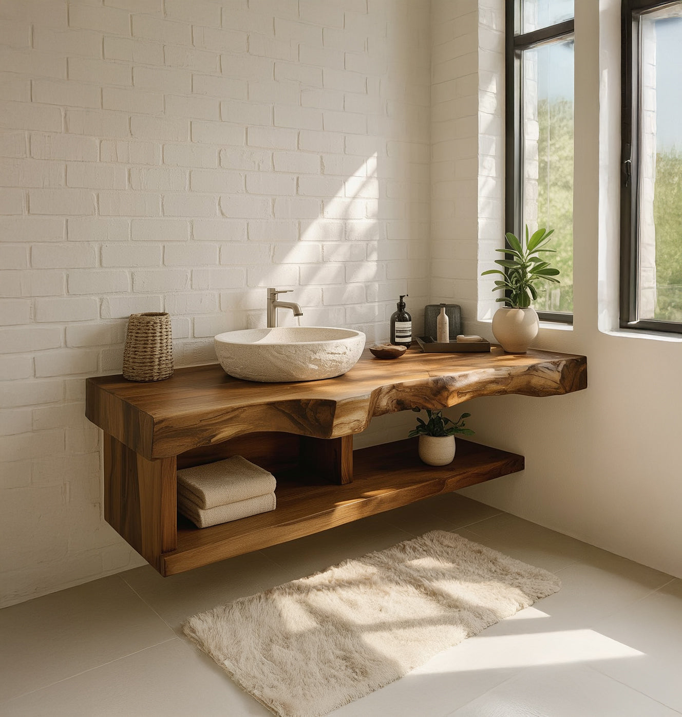 Modern bathroom with live edge wooden vanity, stone vessel sink, plants, and soft rug near window