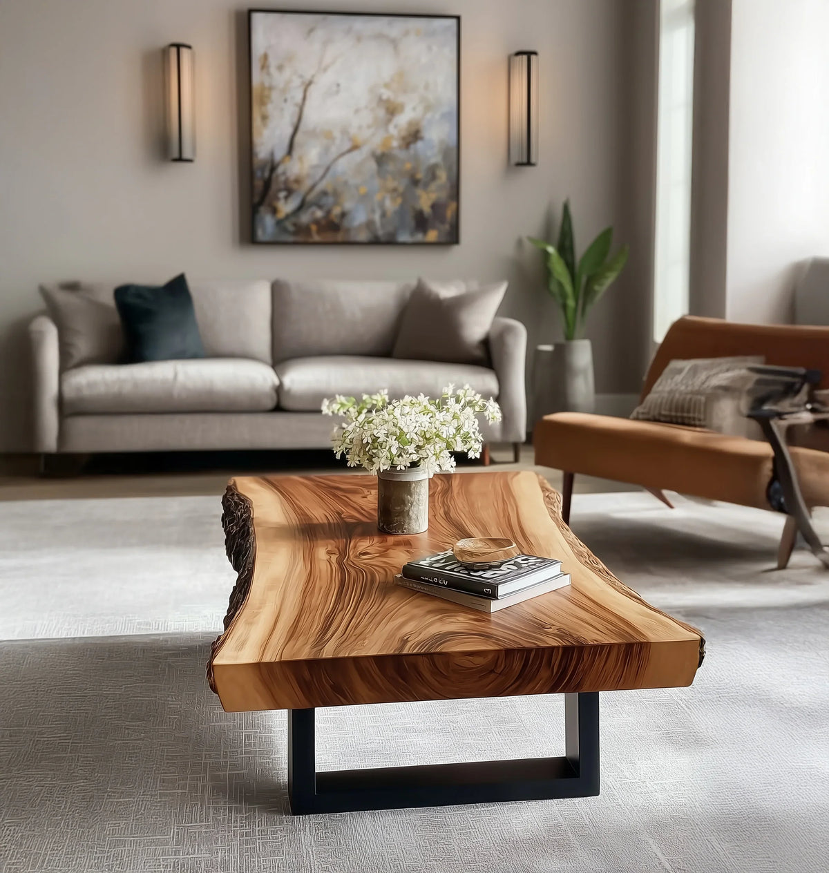 Live edge solid wood coffee table with metal legs in modern living room