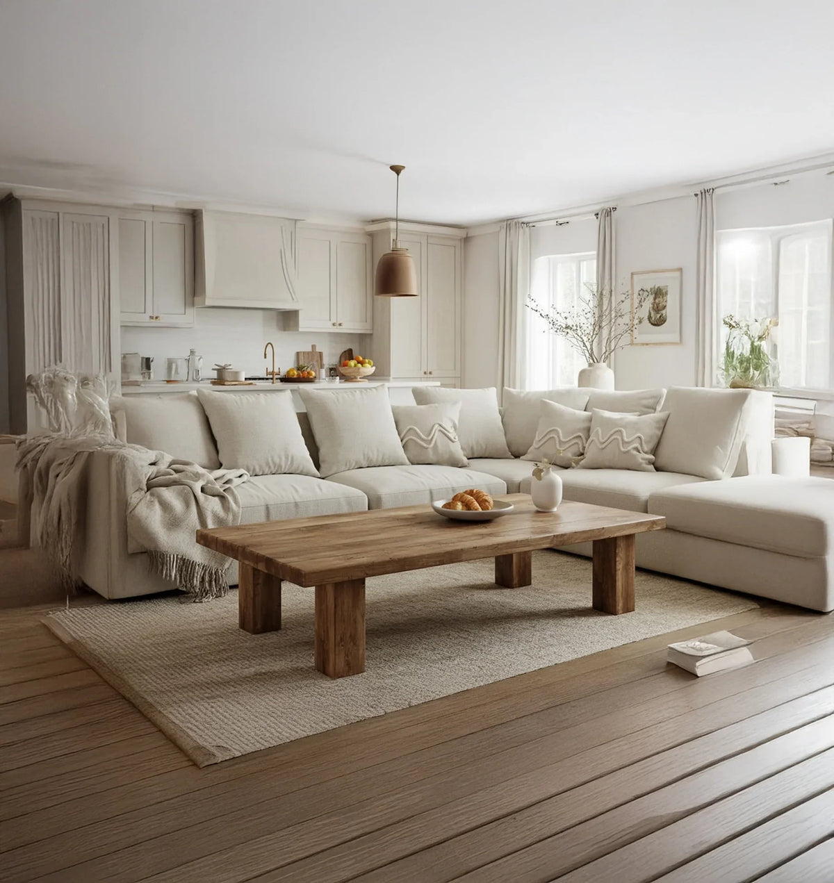 Spacious beige sectional sofa with soft cushions and throw in cozy living room with wooden coffee table