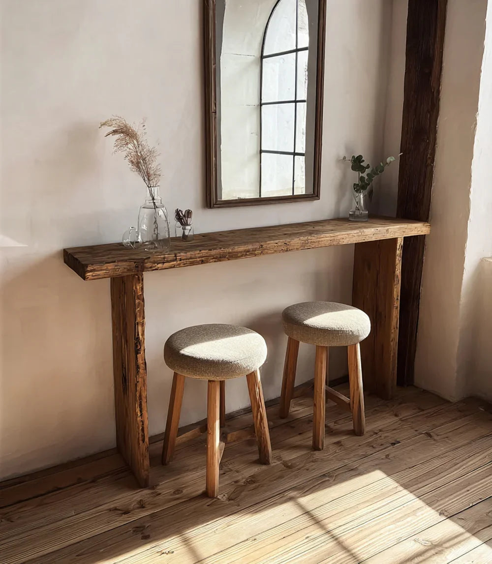 Rustic solid wood console table with two round stools, mirror, and minimalist decor