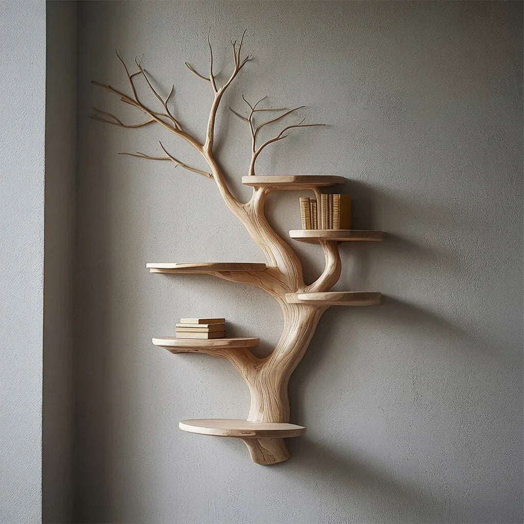 Live edge tree bookshelf with floating wooden shelves and books on a neutral wall.