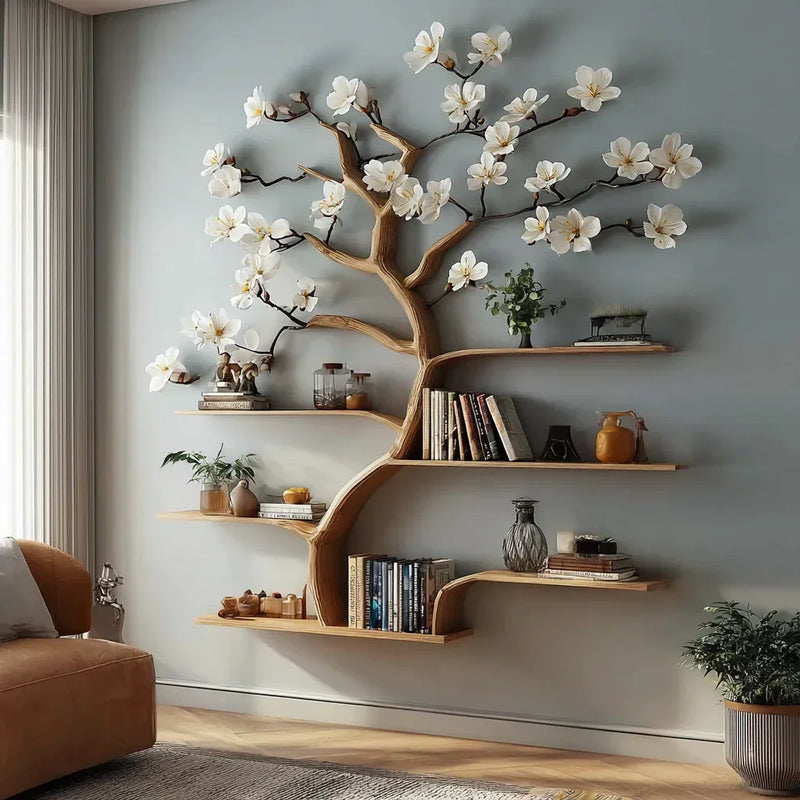 Tree-shaped floating bookshelf with wooden shelves and white flower decor, displaying books and home accessories in a modern living room.