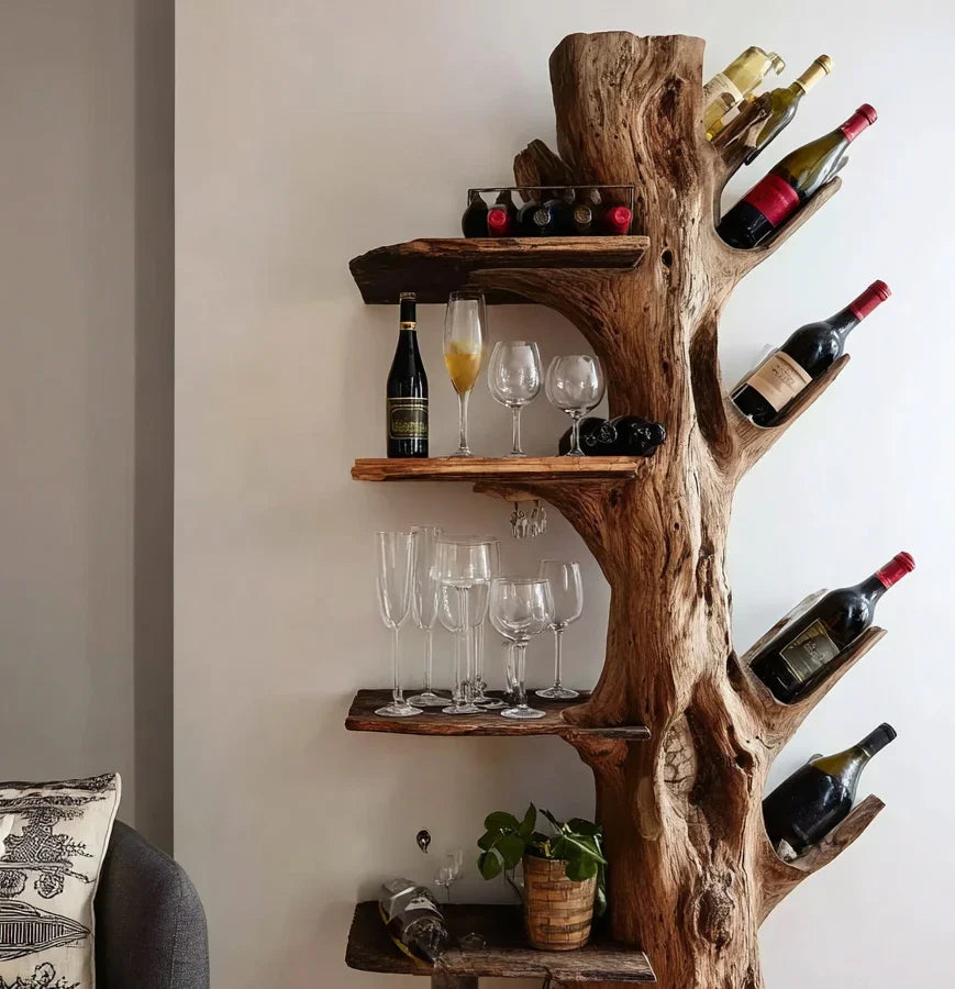 rustic wooden wine rack shaped like a tree holding wine bottles and varying wine glasses against a white wall