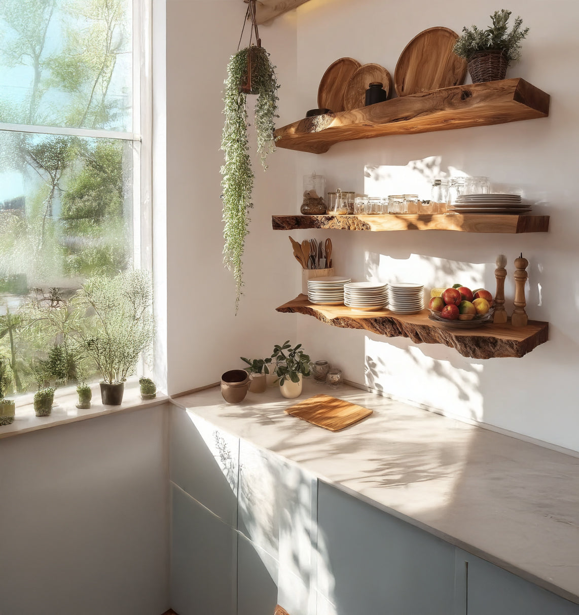 Sunlit kitchen corner with natural wood shelves holding plates, glassware, wooden utensils, and fruit bowl