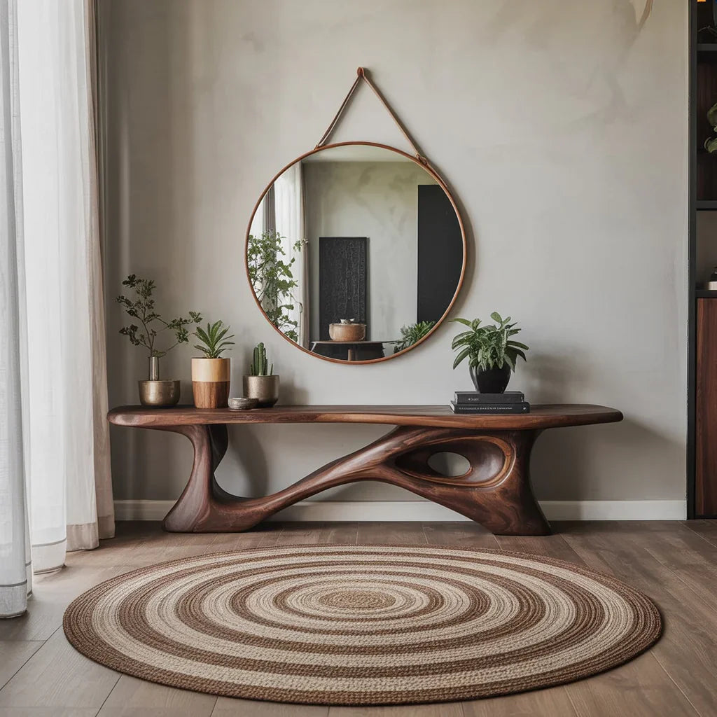 Sustainably crafted live edge wood console table with potted plants and round mirror