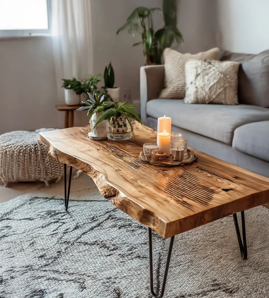 Rustic live edge wooden coffee table with lit candles and potted plants in cozy living room
