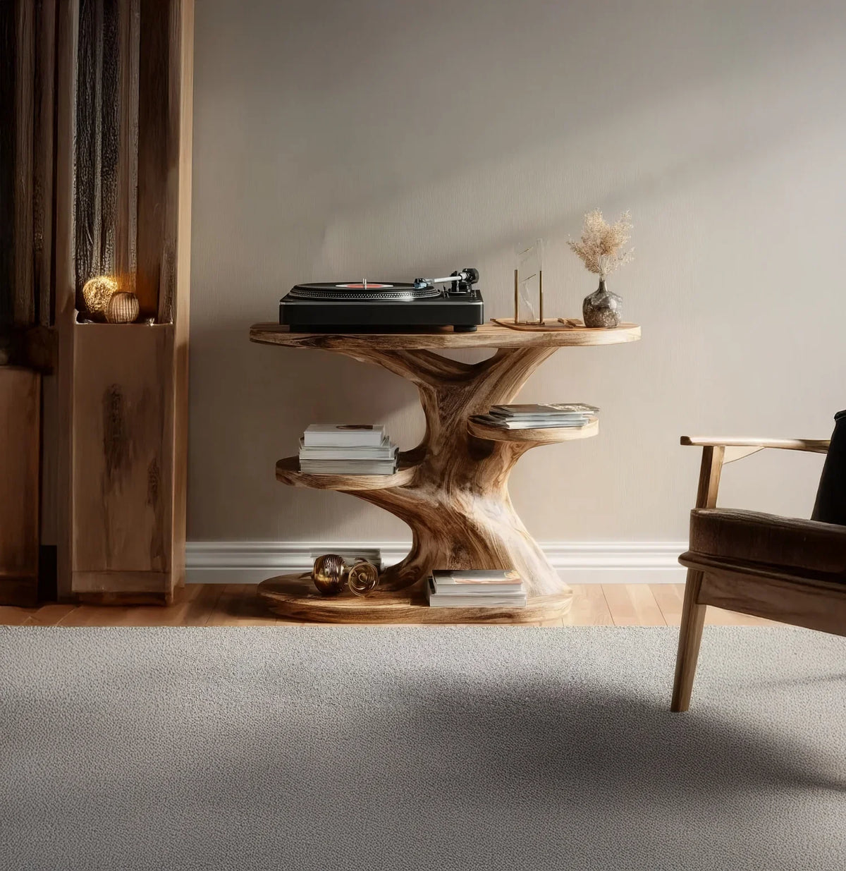 Natural wood console table with built-in shelves, a record player on top, books, and decorative vases in cozy living room