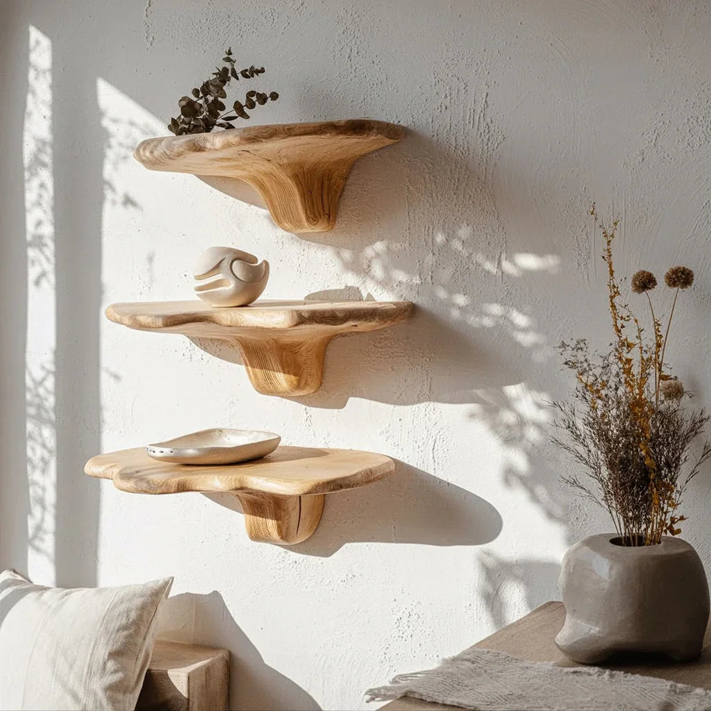 Sustainably crafted live edge wood floating shelves on white wall with minimalist decor