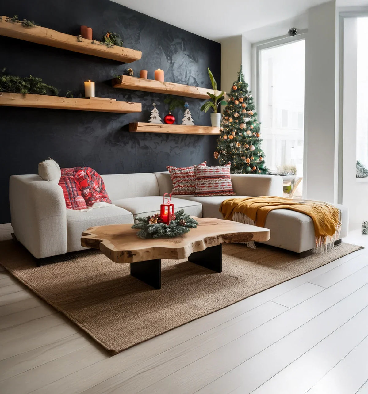 Cozy living room with beige sectional sofa, wooden coffee table, Christmas tree, and festive decor