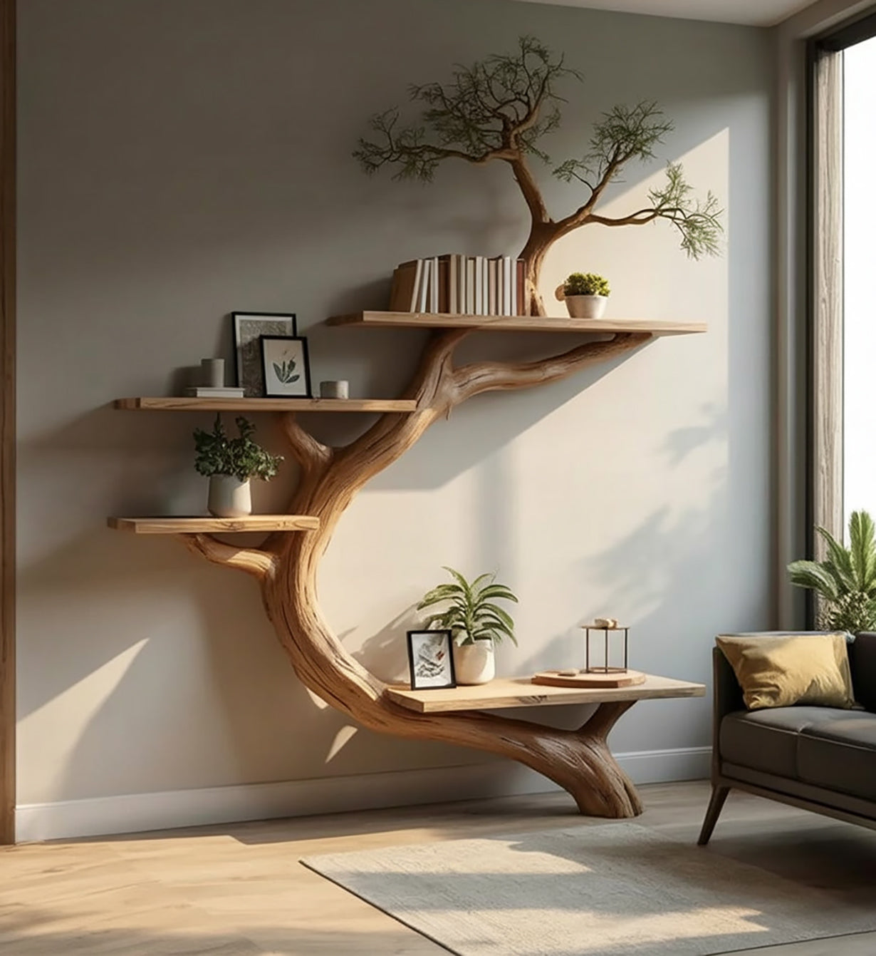 Live edge tree bookshelf with floating wood shelves and decor in modern living room