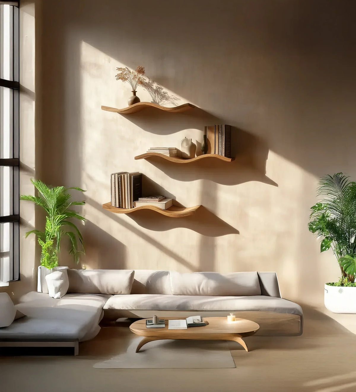 Modern living room with floating wave-shaped wood shelves, neutral sofa, and indoor plants