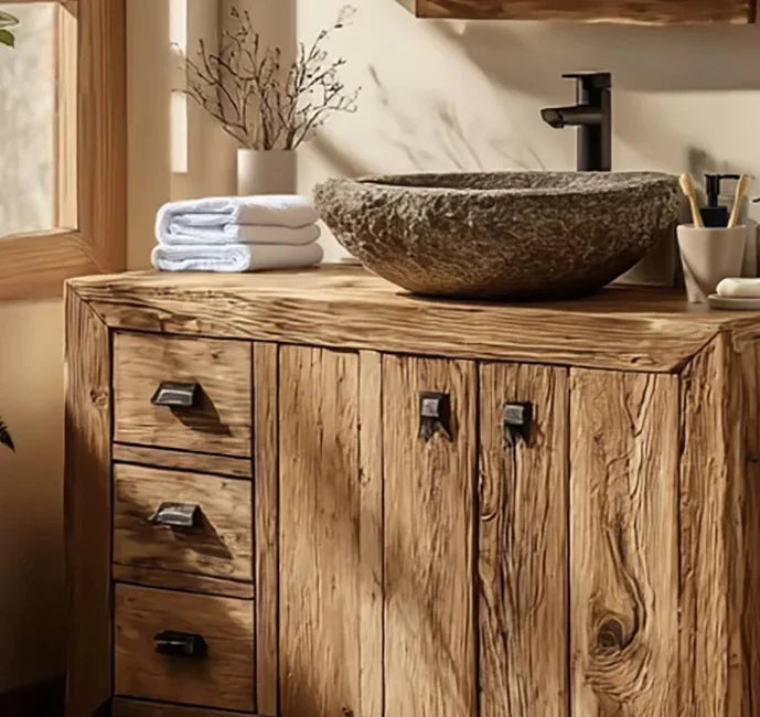 Rustic wooden bathroom vanity with stone vessel sink, black faucet, and stacked white towels
