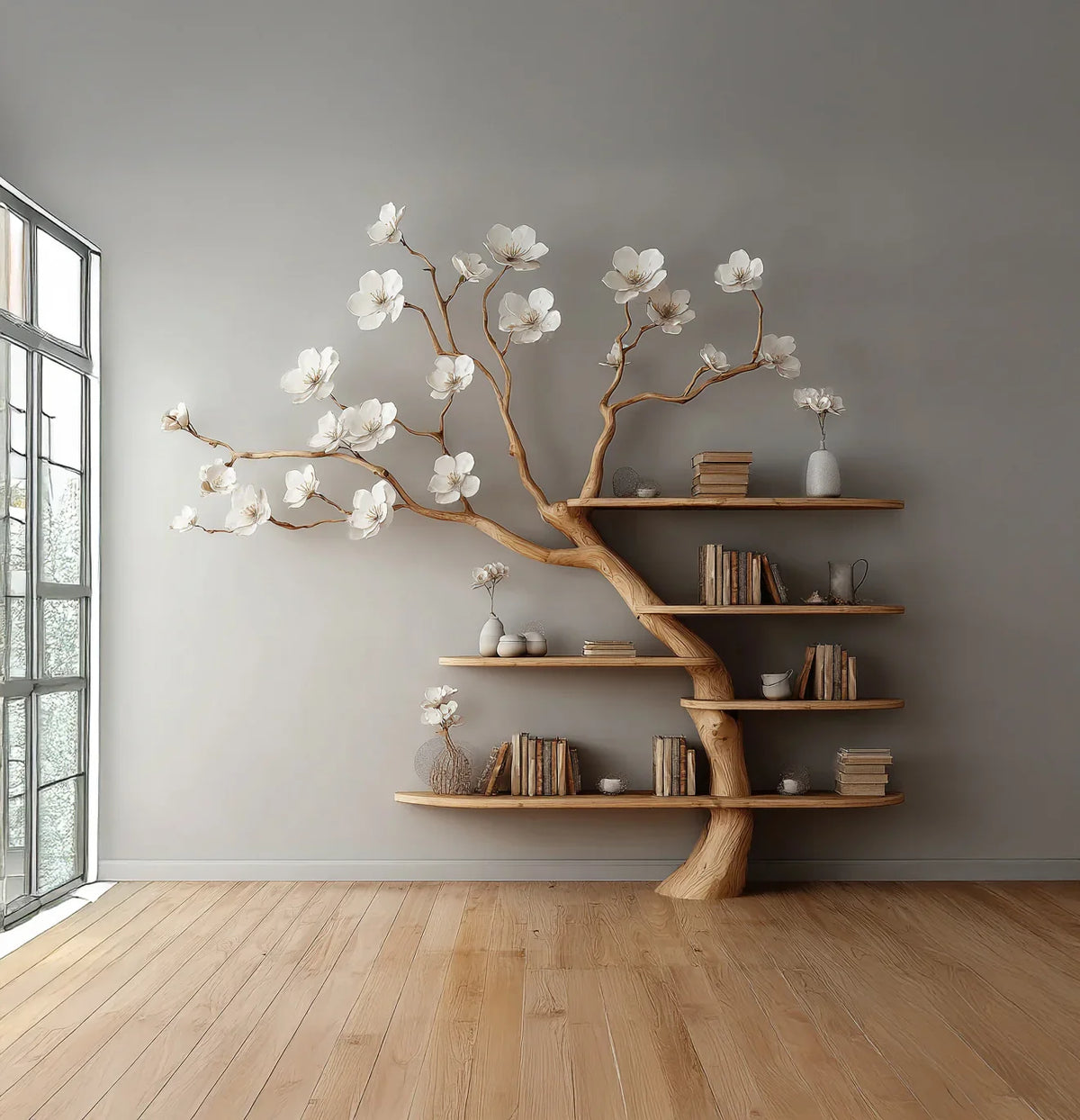 Solid wood tree bookshelf with flowering branches, books, and decor in modern living room