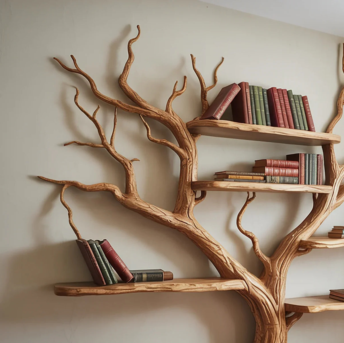 Tree bookshelf with live edge solid wood shelves and books against a light wall