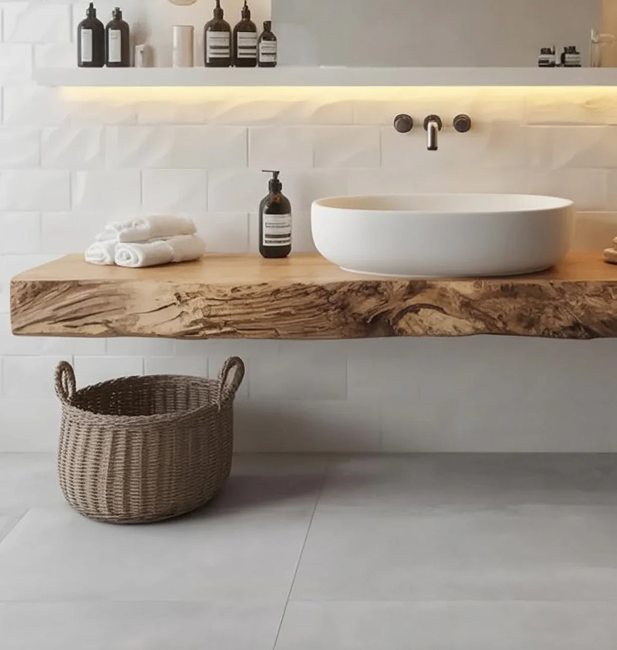Live edge floating wood bathroom vanity with white vessel sink, modern decor, and wicker basket
