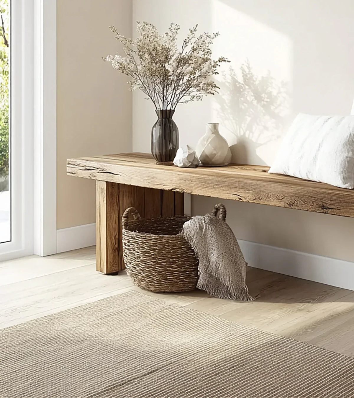 Rustic wooden bench with dried flowers in black vase, ceramic decor, white pillow, wicker basket with throw in cozy entryway