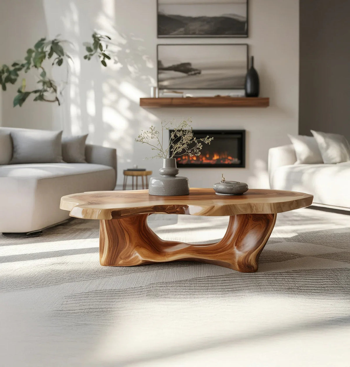 Modern living room with sculptural wooden coffee table, gray vase, cozy sofas, and electric fireplace