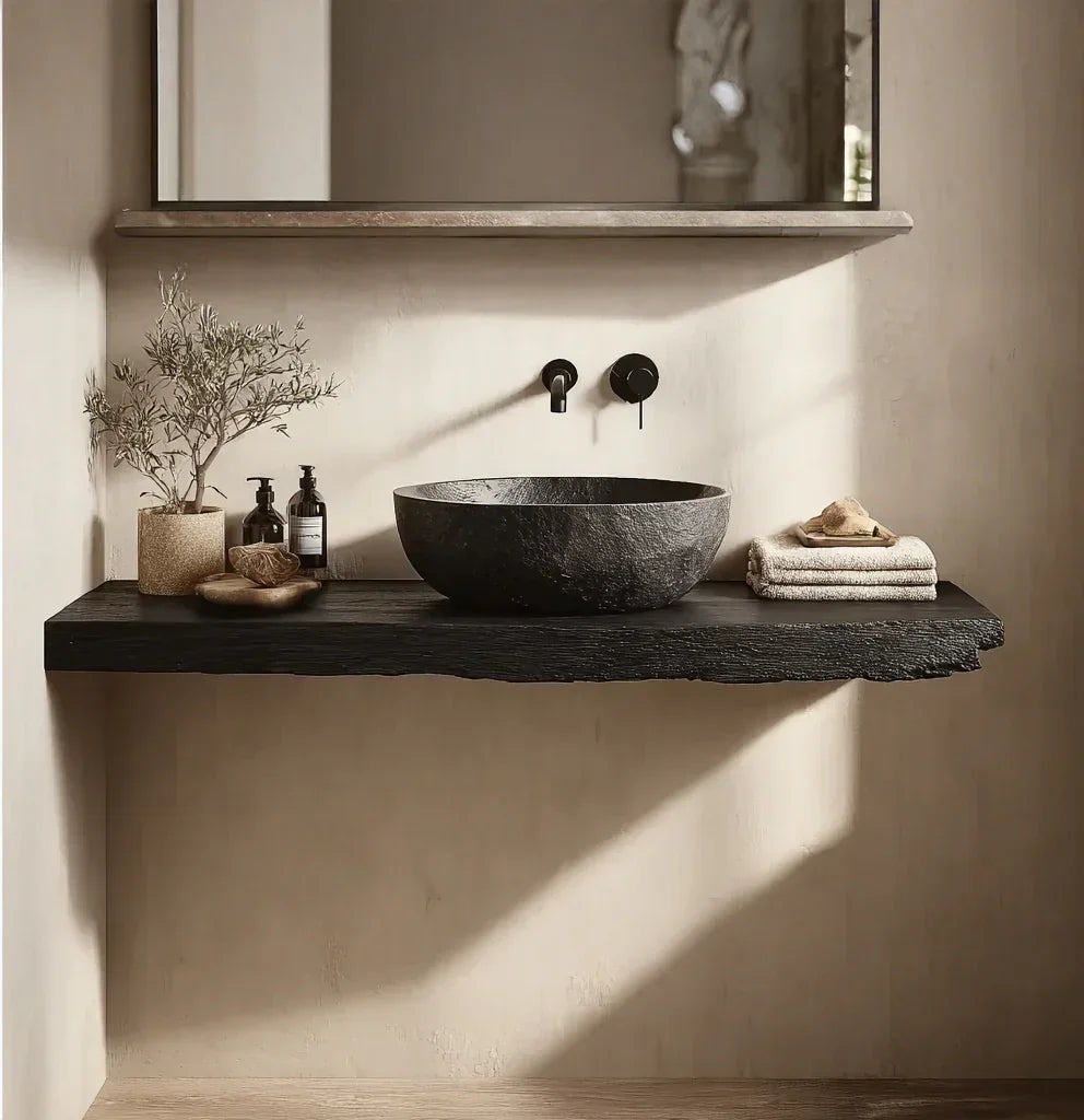 Modern bathroom with a live edge floating wood vanity, stone vessel sink, and minimalist decor