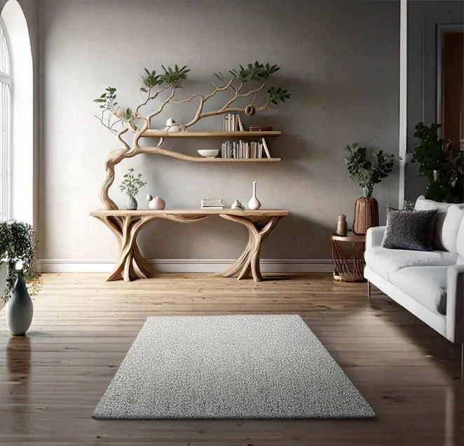 Modern living room with a unique tree-shaped wooden bookshelf, live edge table, and minimalist decor