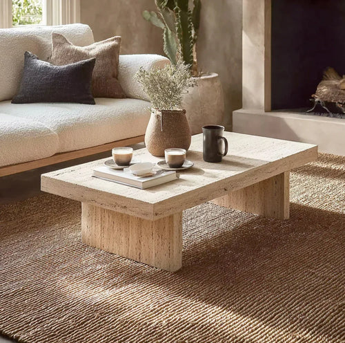 Rustic Handmade Wooden Coffee Table – Live Edge Solid Wood Trestle Farmhouse Rectangular End Table