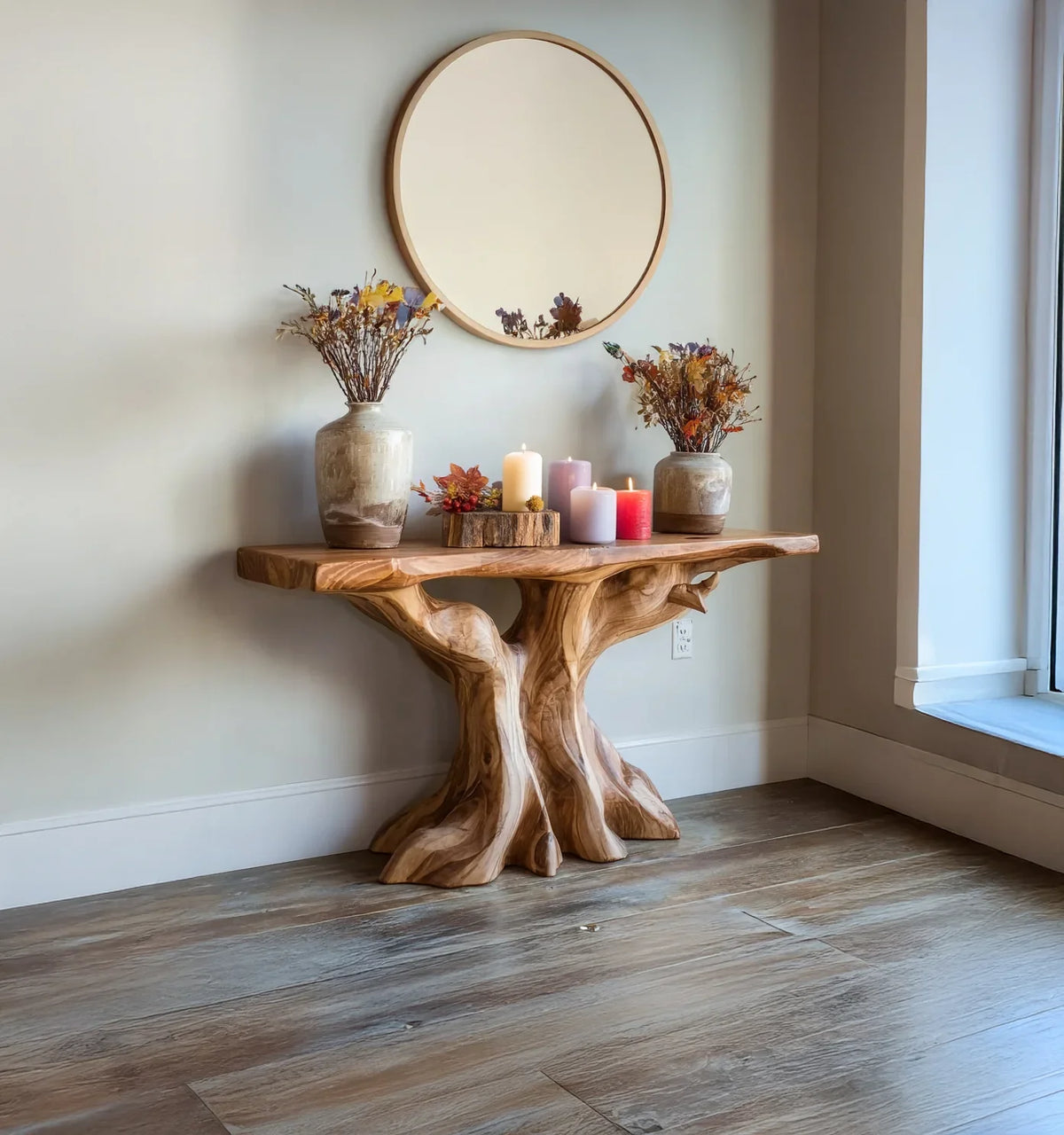 Wooden console table with natural tree trunk base, decorated with vases of dried flowers and lit candles under round wall mirror