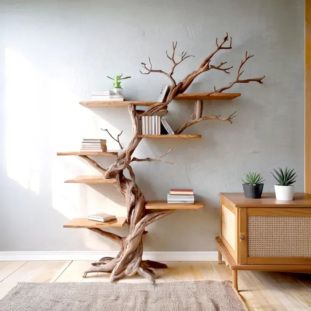 Live edge tree bookshelf with branches, solid wood shelves, and books in modern living room
