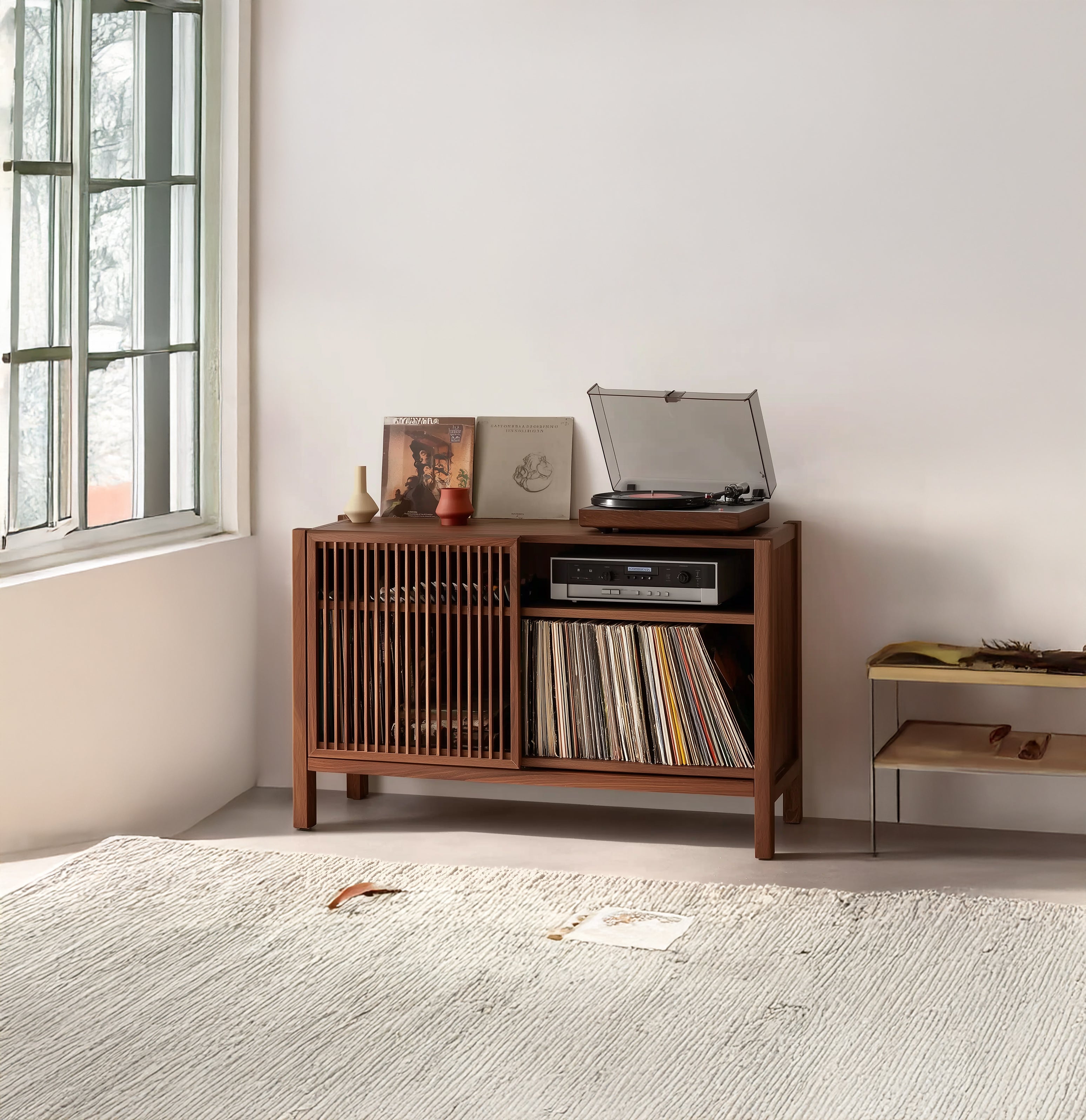 Handcrafted Record Player Stand – Natural Wood Turntable Station with Storage, Customizable Record Cube Organizer