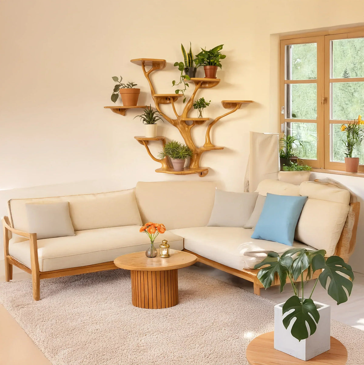 Cozy living room with beige sectional sofa, wooden coffee tables, green plants, and natural light