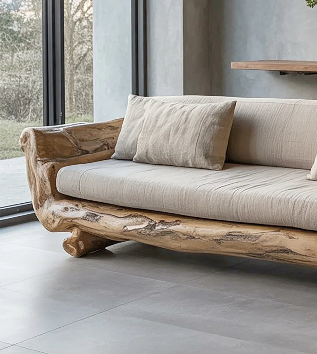 Modern beige sofa with natural wooden frame and cushion in minimalist living room with large windows