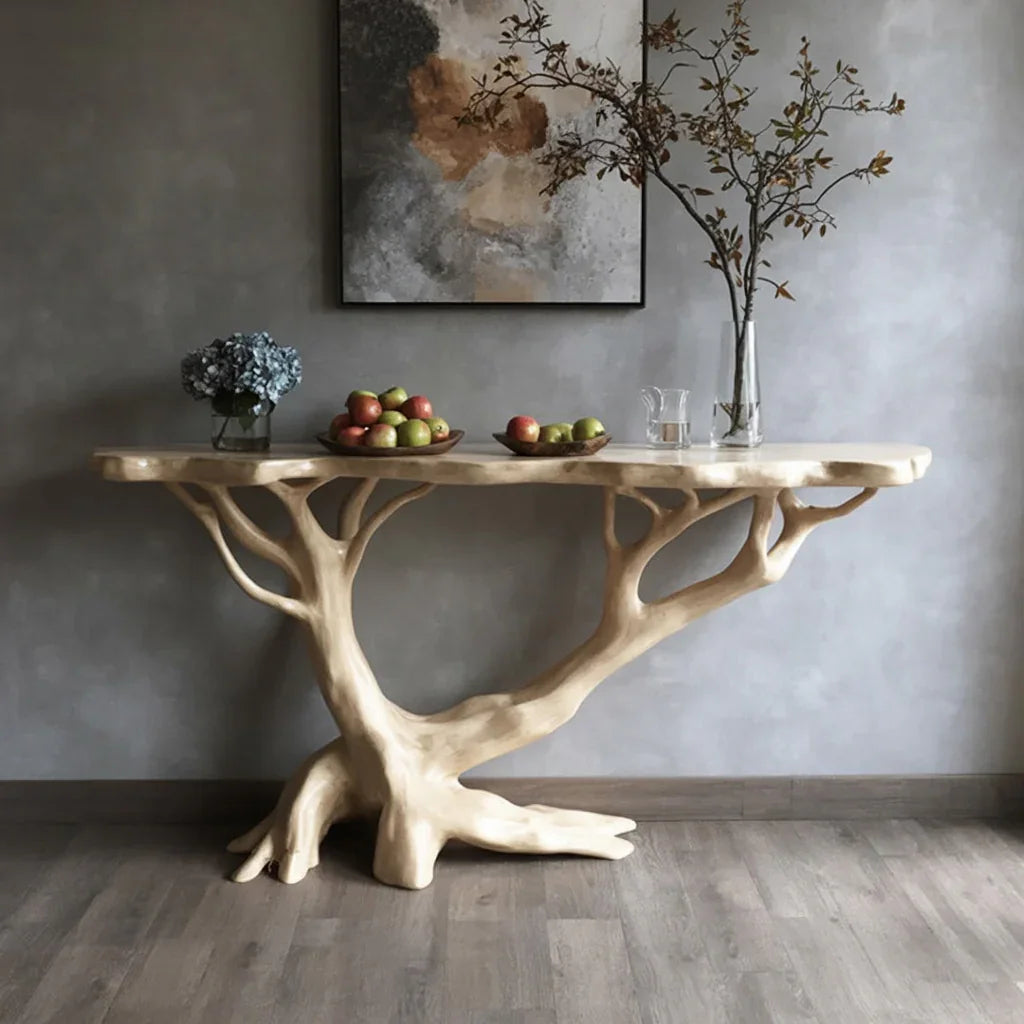 Sustainably crafted solid wood console table with tree branch design in modern interior