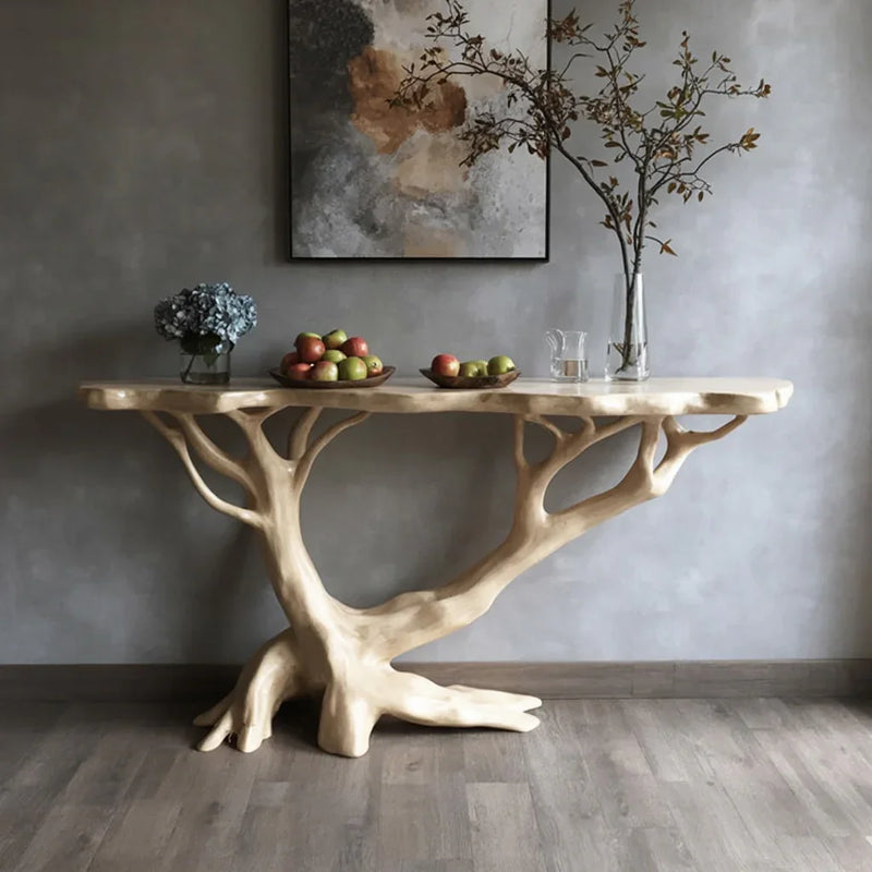 Sustainably crafted solid wood console table with tree branch design in modern interior